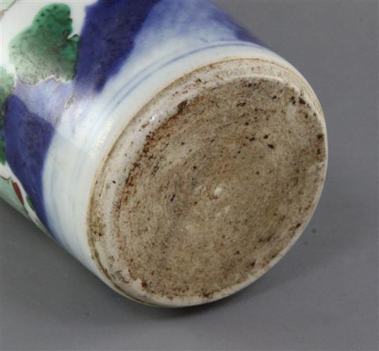 A Chinese wucai slender cylindrical vase and cover, late 17th century, height 24.5cm, old discoloured repairs to rim